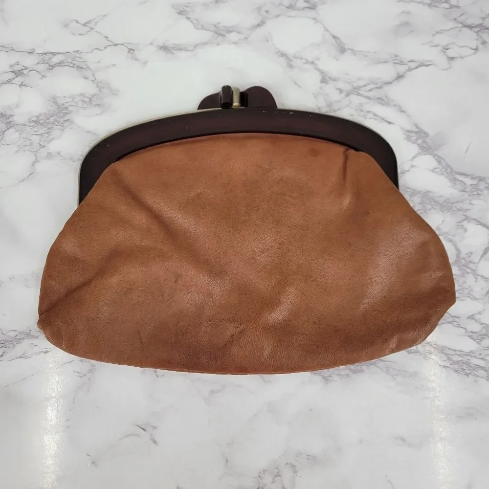 John Wind 70s Vintage Brown Perforated Leather Clutch Framed Kisslock Kiss Lock